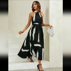 Brush Print Belted Halter Dress